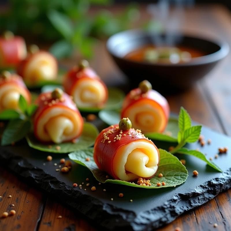 Rollitos de Litchi y Queso de Cabra con Salsa de Miel de Trufa: Entrante Fusion Chino-Francés