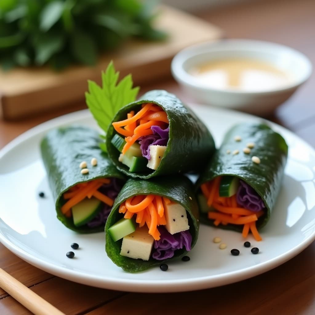 Rollitos de Primavera con Envoltura de Alga Nori y Salsa de Sésamo: Receta Coreana Vegana