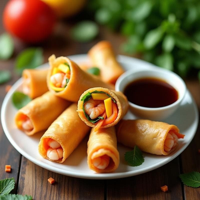 Rollitos de Primavera con Relleno de Langostinos y Mango: Receta Tailandesa Crujiente
