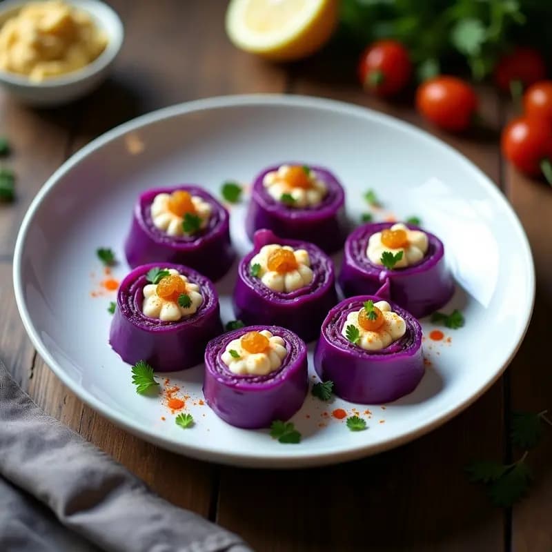 Rollitos de Repollo Morado con Relleno de Queso de Anacardos y Pasas: Aperitivo Iraní Vegano