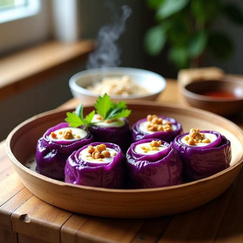 Rollitos de Repollo Morado con Filling de Tofu Sedoso y Cacahuetes: Receta Vegana al Vapor