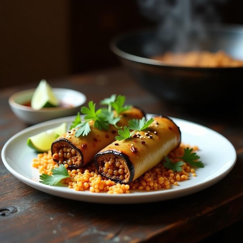 Rollos de Berenjena Rellenos de Lentejas y Arroz Basmati: Receta Vegetariana en Wok