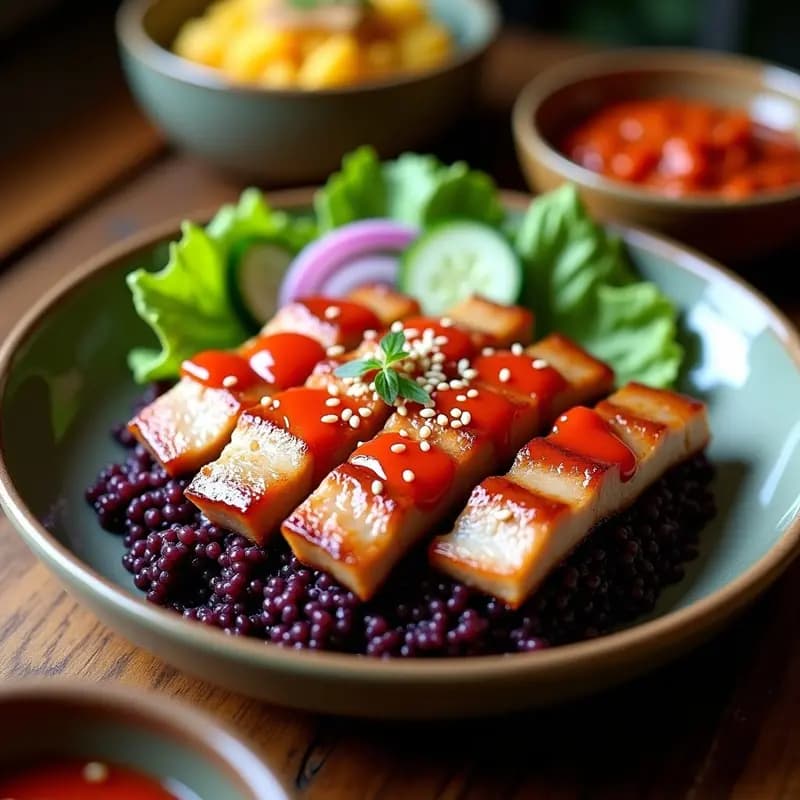 Samgyupsal Coreano con Salsa de Kimchi y Arroz Morado: Receta Tradicional en Parrilla