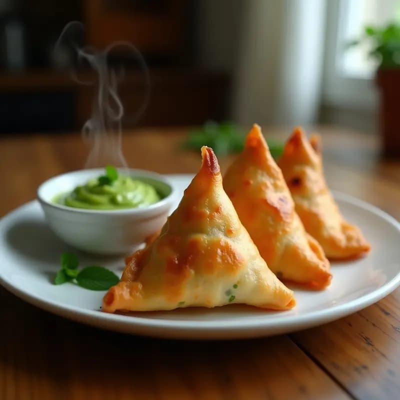 Samosa de pollo y guisantes con chutney de menta: Entrante indio crujiente en airfryer