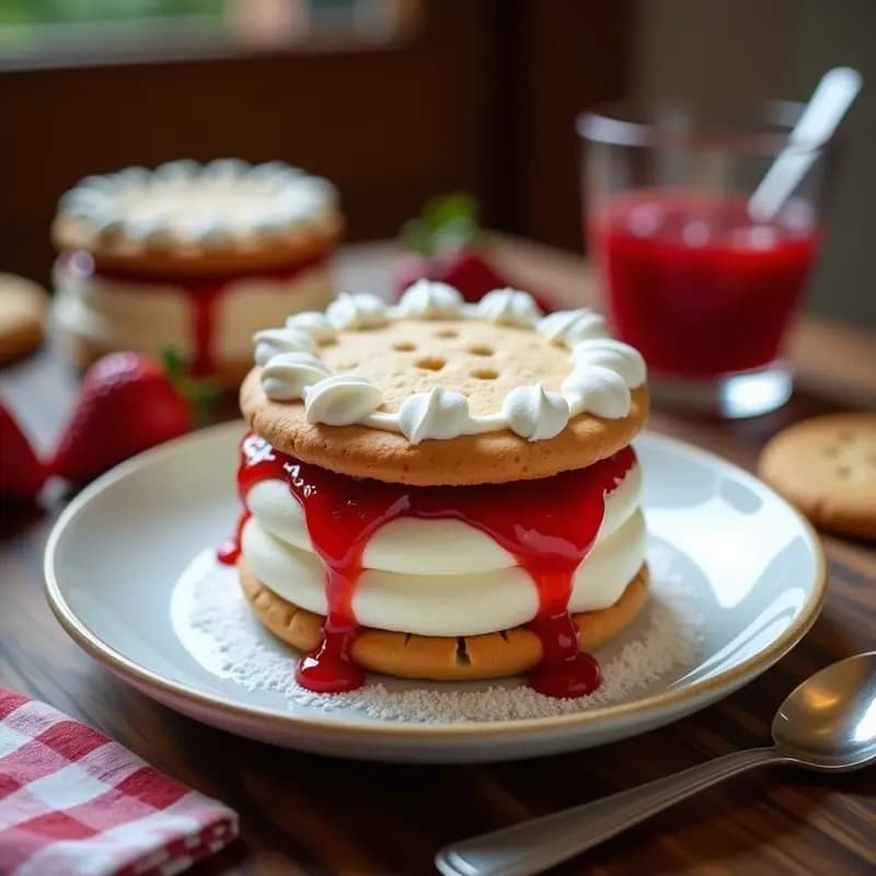 Sándwich de Helado de Galletas Maria y Mermelada de Fresa con Crema Batida: Postre Nostálgico y Delicioso