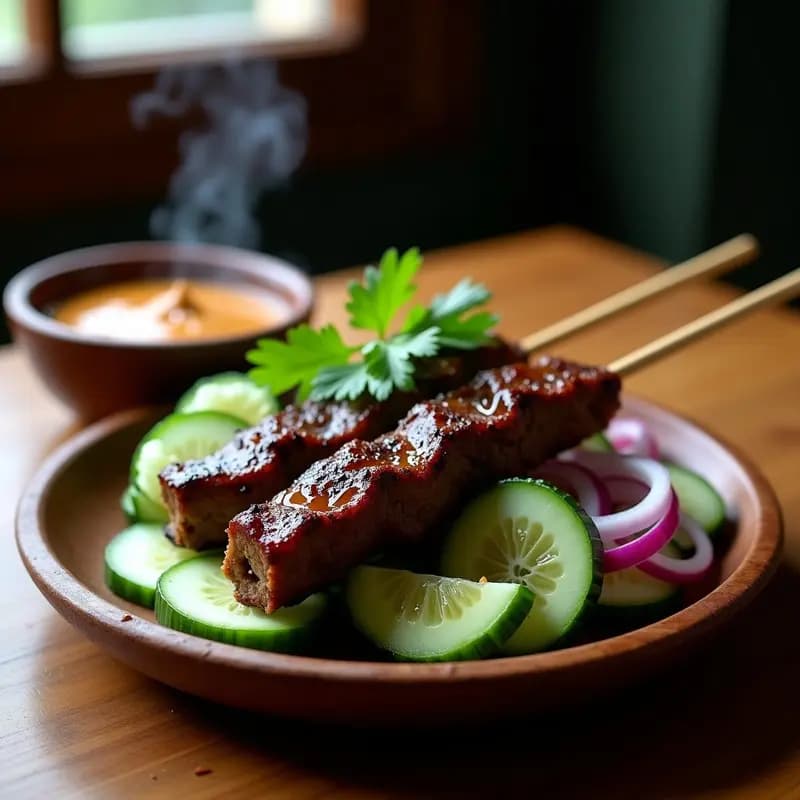 Satay de Ternera con Salsa de Cacahuete y Ensalada de Pepino: Receta Indonesa Gourmet en 30 Min
