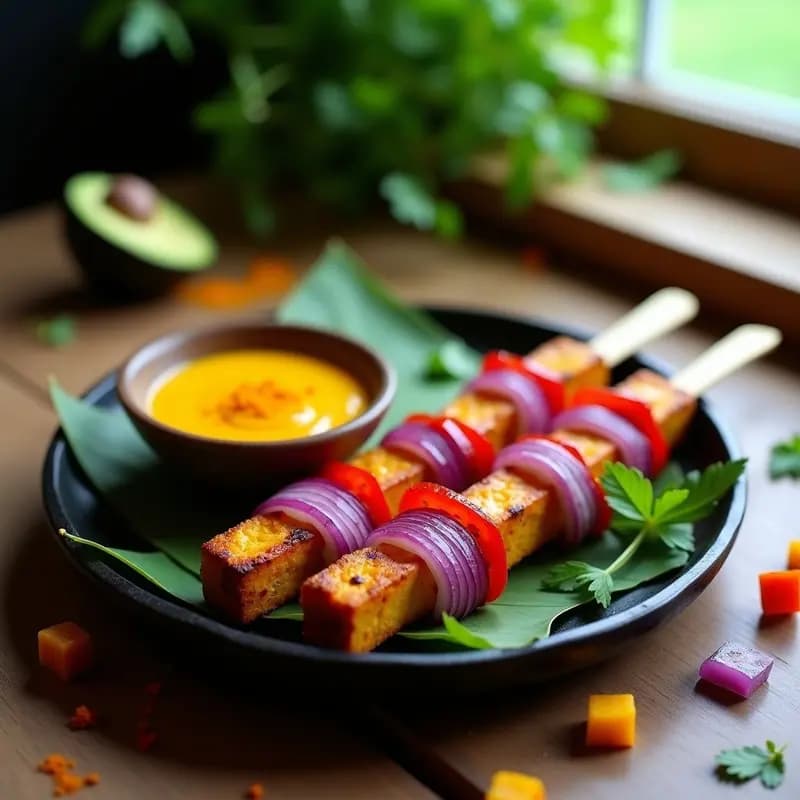 Satay de Tofu con Salsa de Cacahuete y Cúrcuma: Receta Indonecia Vegana en Brochetas