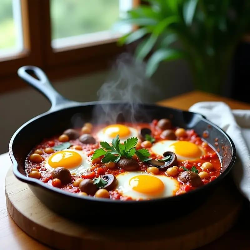 Sartén de hierro fundido con shakshuka de champiñones y pimentón, huevos con yema líquida sobre salsa de tomate espesa con trozos de champiñones portobello y garbanzos. Decorada con perejil fresco y semillas de sésamo tostadas. Plato vegetariano alto en proteínas.