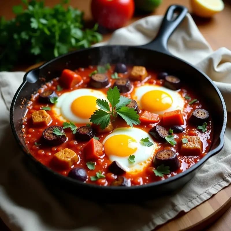 Shakshuka con Cordero y Berenjena: Receta Tunecina en Sartén para Desayuno Contundente