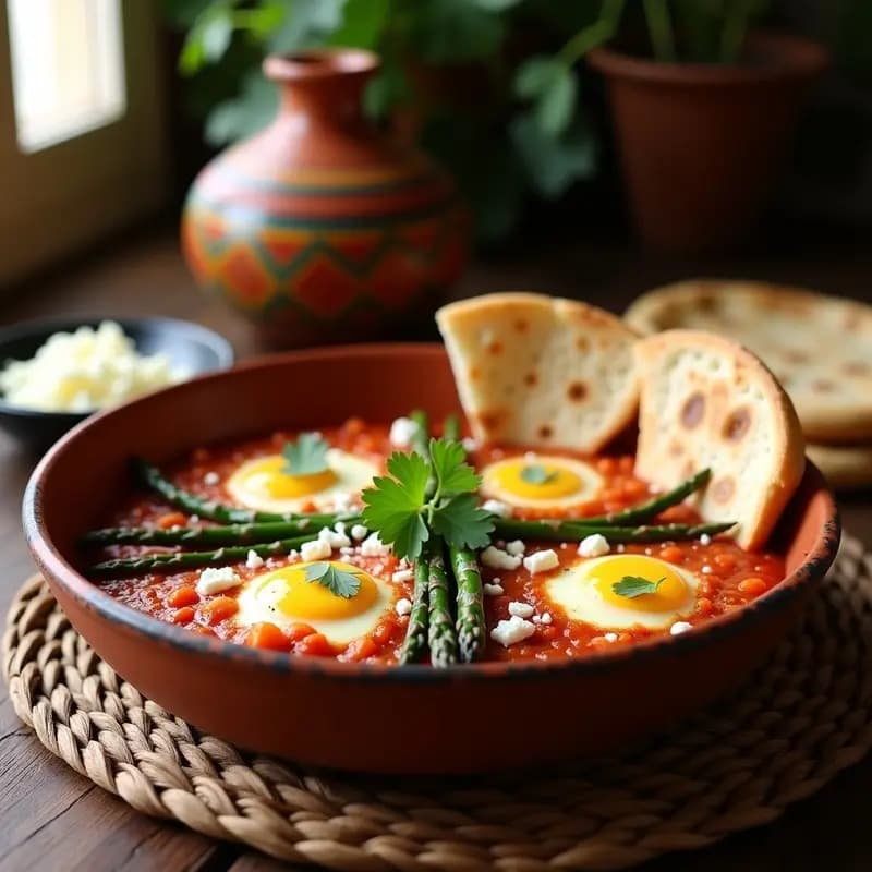 Shakshuka de Espárragos Trigueros y Queso Feta con Pan de Pita Integral: Desayuno Túnez Vegano