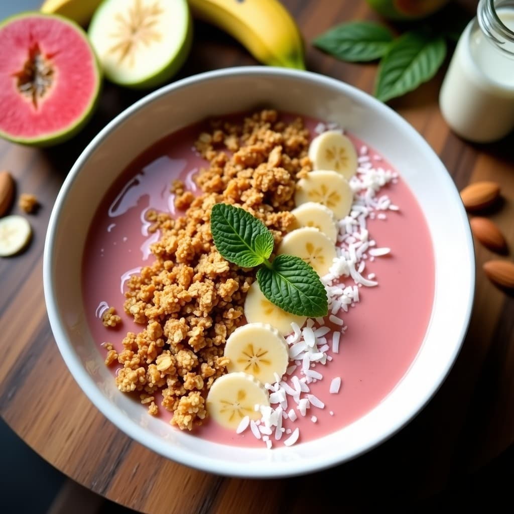 Smoothie Bowl de Guayaba y Banana con Toppings de Granola: Desayuno Colombiano Vegano