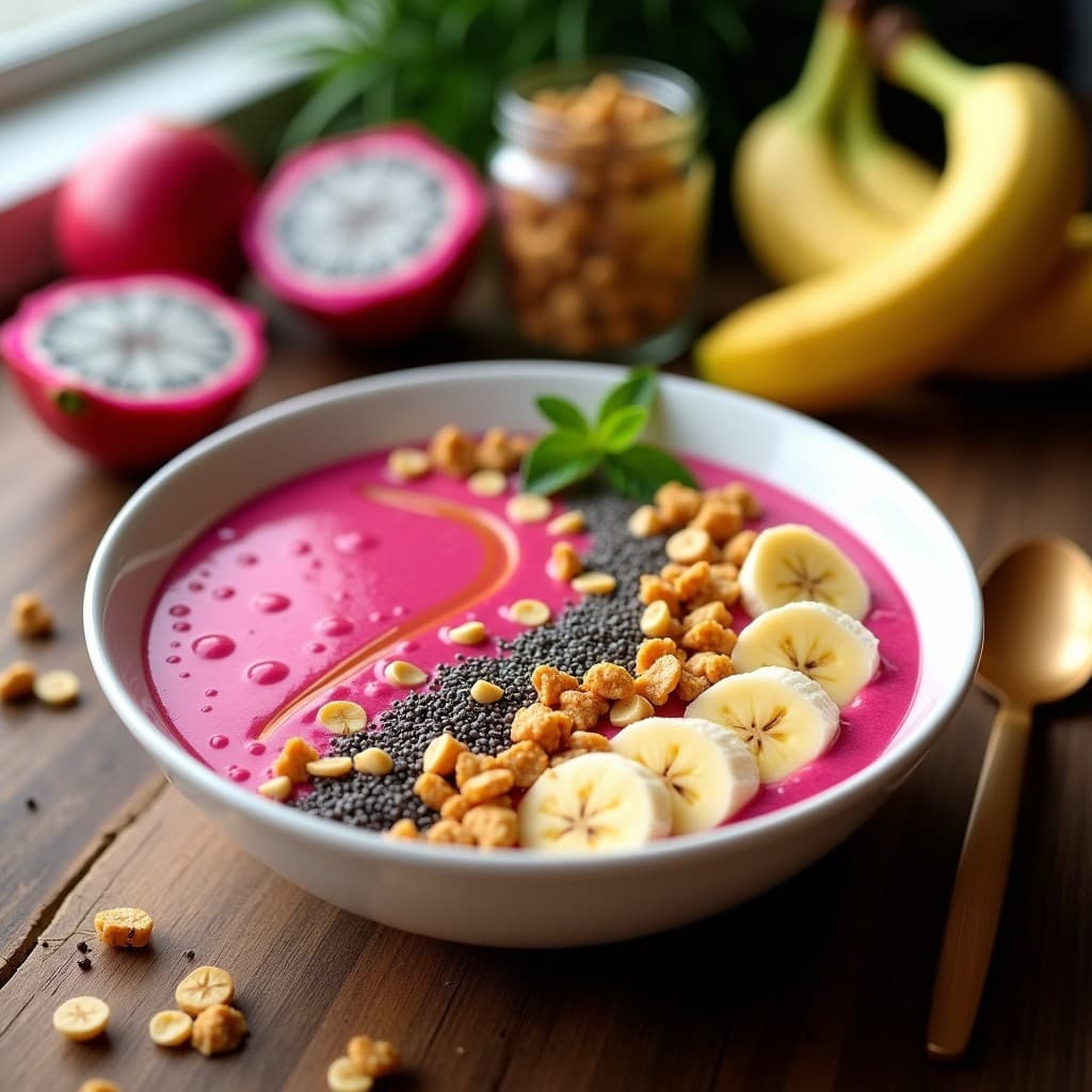 Smoothie Bowl de Pitahaya y Chía con Granola de Cacahuete y Miel de Agave