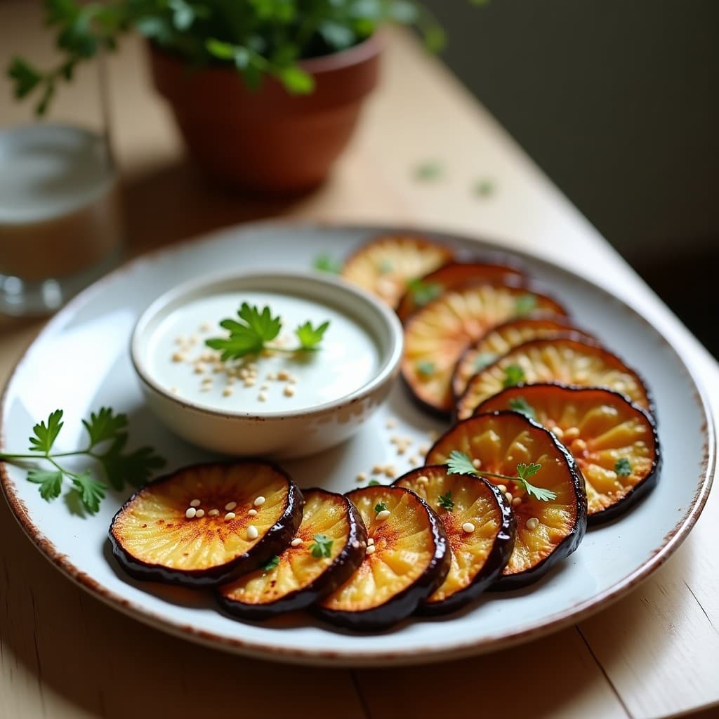 Snacks de Berenjena al Horno con Salsa de Yogur de Soja y Mentol: Aperitivo Libro Vegano