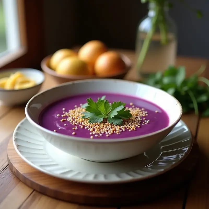 Sopa de Batata Morada y Jengibre con Crujiente de Semillas de Sésamo: Receta Tailandesa Antioxidante
