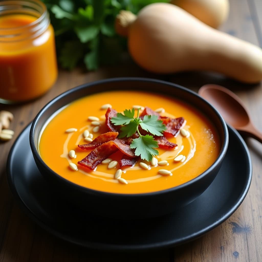 Sopa de Calabaza y Cacahuete con Crujiente de Bacon Vegano: Receta Reconfortante en Olla Express