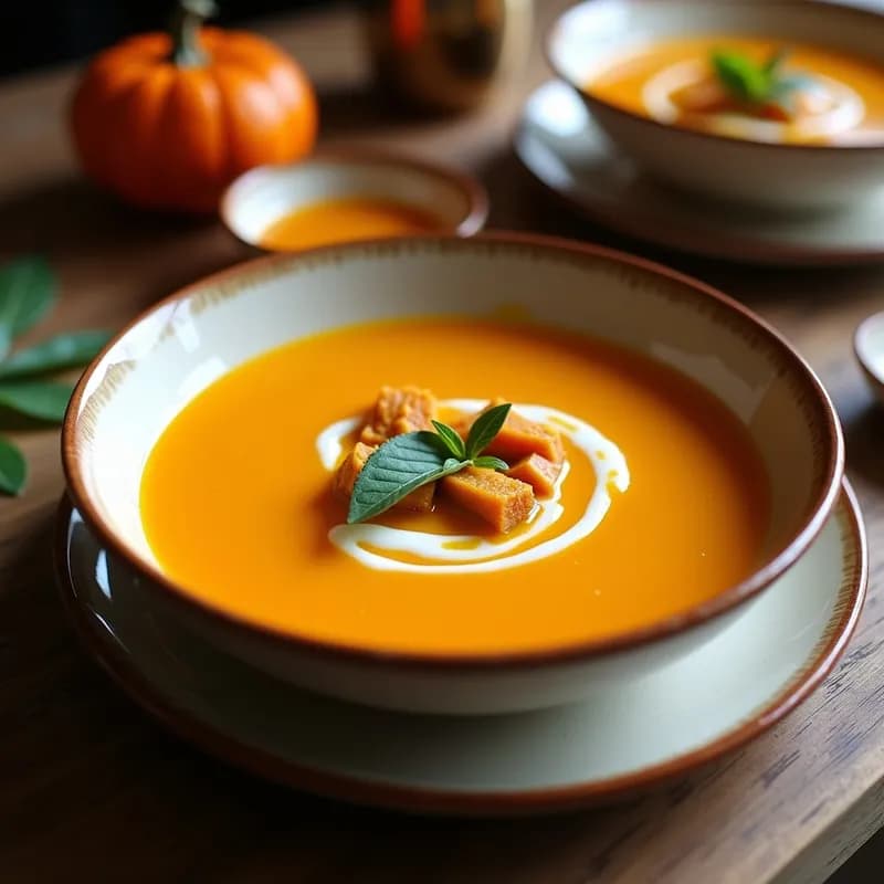 Cuenco blanco con sopa de calabaza cremosa, decorada con un hilo de leche de coco y perejil fresco, sobre una mesa de madera rústica.