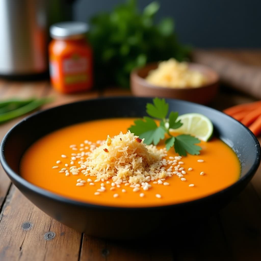 Sopa de Calabaza y Jengibre con Crujiente de Cocos: Receta Tailandesa en Olla Exprés