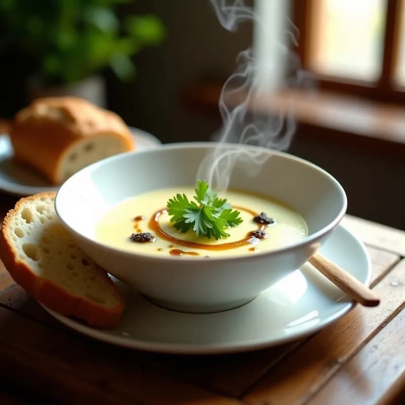 Cuenco blanco de cerámica con sopa crema de coliflor y apio, coronada con aceite de trufa negra y perejil fresco. Fondo borroso con cucharón de madera y rebanada de pan crujiente.