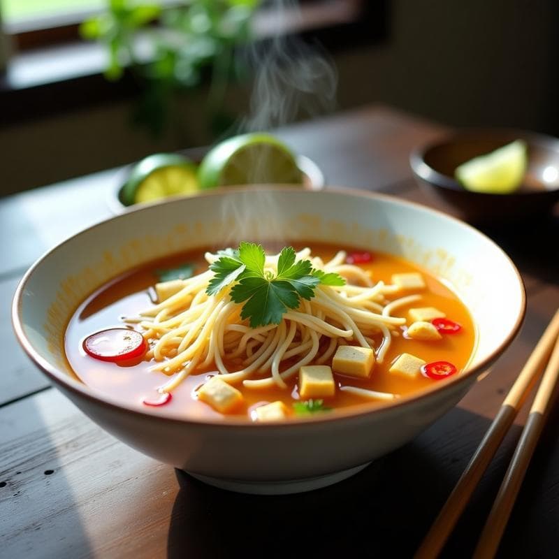 Sopa de Fideos de Arroz y Jengibre con Tiras de Tofu: Receta Tailandesa Picante y Ligera