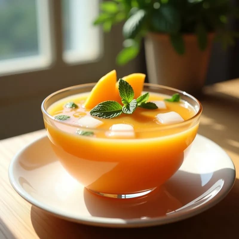 Sopa fría de melocotón y hierbabuena servida en un cuenco de cristal transparente, decorada con rodajas de melocotón fresco y hojas de hierbabuena, con hielo picado y un fondo de mesa de madera clara.