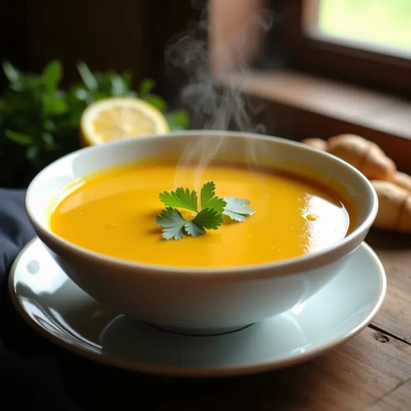 Tazón de sopa humeante de jengibre y cúrcuma con rodajas de limón y cilantro fresco, servida en un bol de cerámica blanca sobre una mesa de madera rústica.