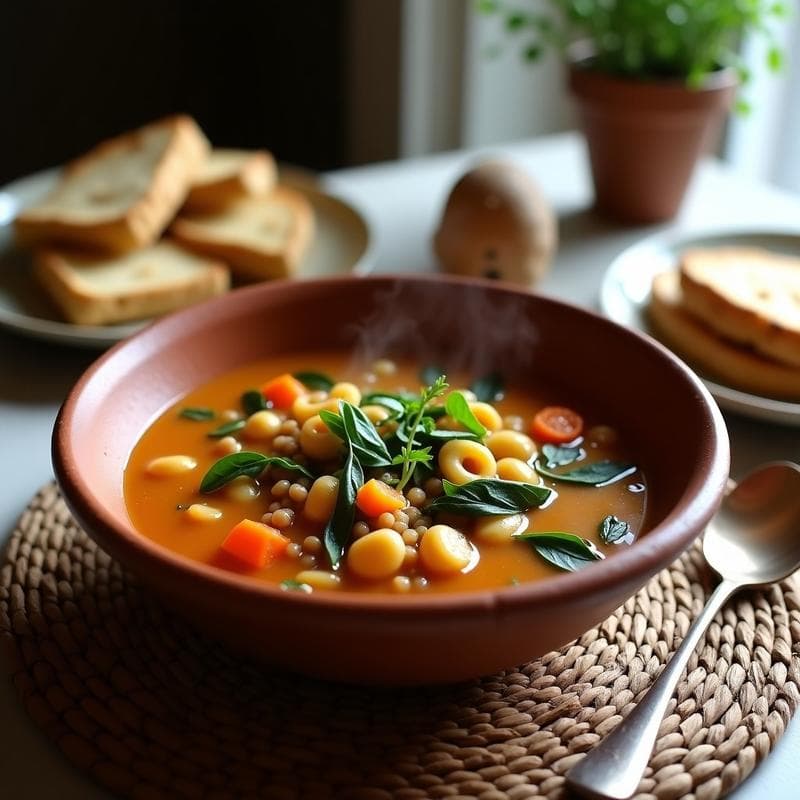 Sopa de Macarrones con Lentejas y Espinacas: Receta Griega Vegana en Olla Exprés