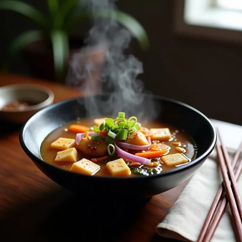 Cuenco hondo de cerámica negra con sopa de miso humeante, jengibre rallado, tofu dorado crujiente, algas wakame, zanahoria y cebolla morada. Decorado con semillas de sésamo y cebollino fresco sobre fondo de madera oscura.