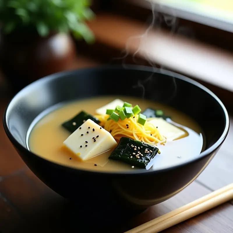 Cuenco hondo de cerámica negra con sopa de miso con jonjoli keto, tofu sedoso, algas wakame y semillas de sésamo, decorado con cebollino fresco.