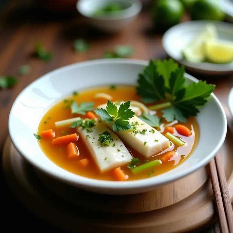 Sopa de Pescado con ralladura de Lima Kaffir y Cilantro: Receta Malasia en Olla Rápida