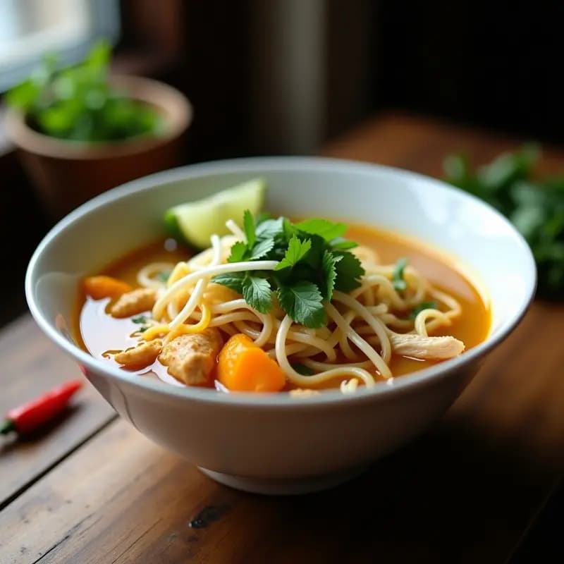 Cuenco hondo de cerámica blanca con sopa pho de pollo y fideos de calabaza, caldo dorado especiado, pollo desmenuzado, brotes de soja, hierbas frescas y rodajas de limón, sobre fondo de madera rústica.