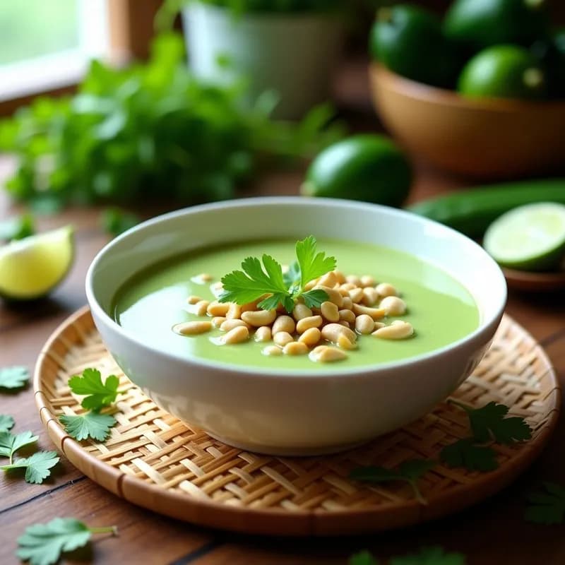 Bol de cerámica blanca con sopa tailandesa de pepino y limón vegana, decorada con cacahuetes tostados, cilantro fresco y rodajas de limón, sobre un mantel de bambú con fondo borroso de hierbas.
