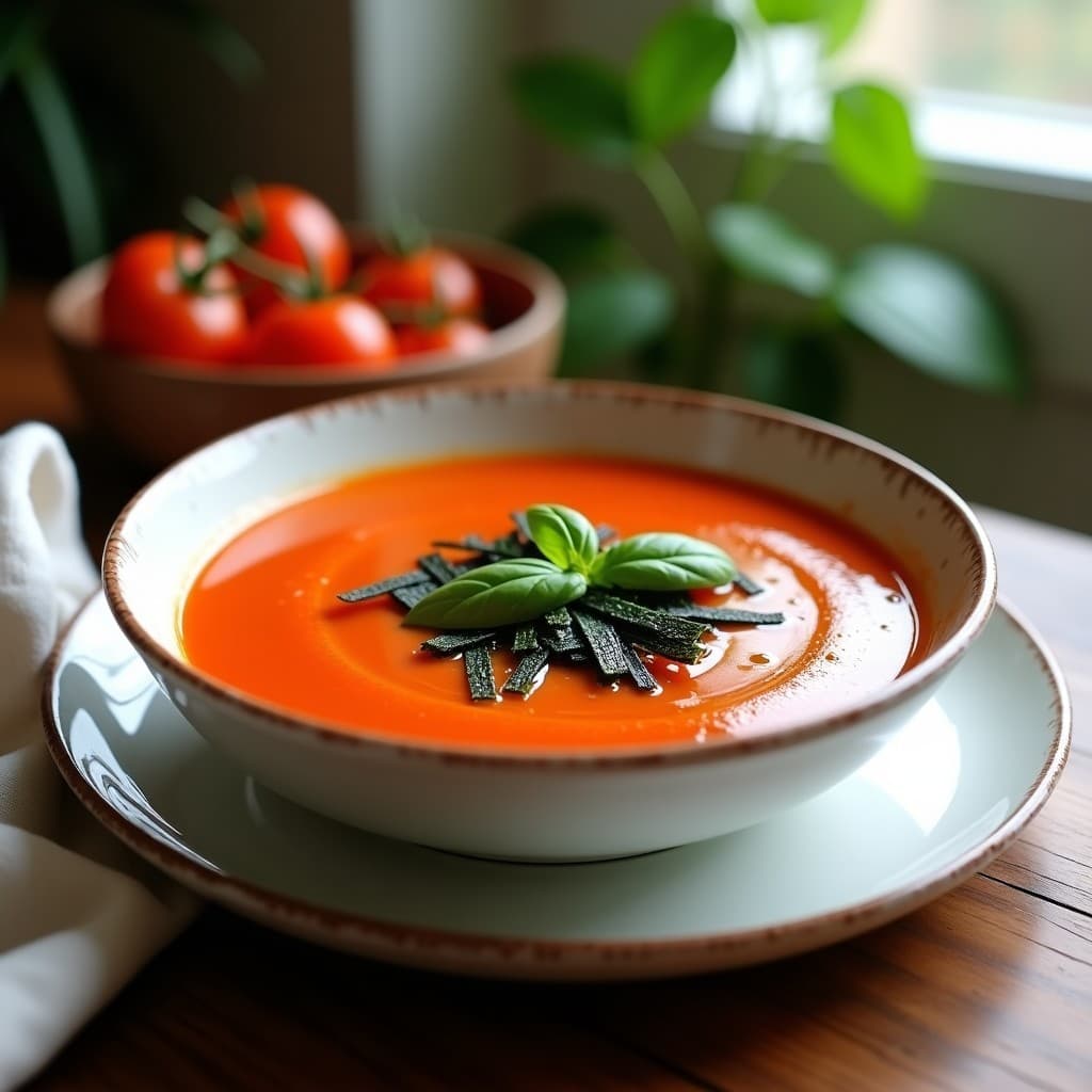 Sopa de Tomate y Albahaca con Algas Nori: Receta Italiana Vegana y Desintoxicante