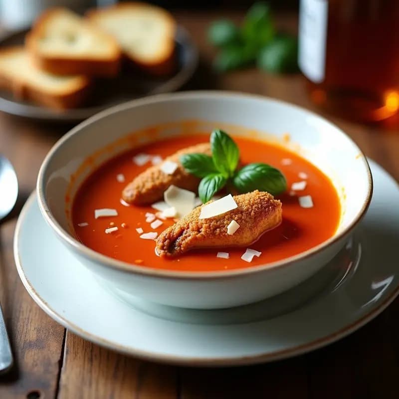 Sopa de Tomate y Albahaca con Alitas de Pollo Crujientes: Receta Italiana Reconfortante