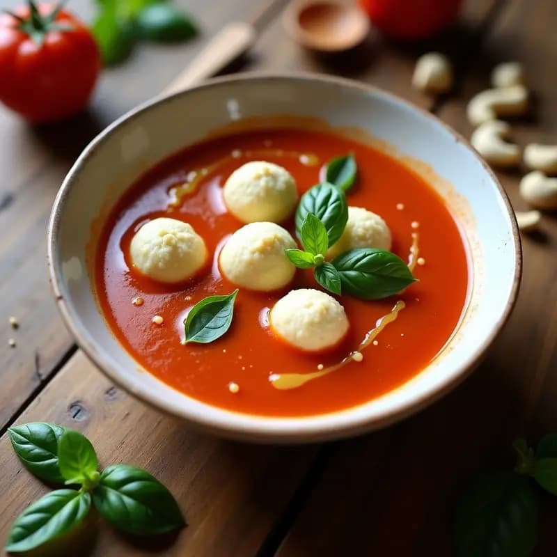 Sopa de Tomate y Albahaca con Bolas de Queso de Mozambique: Receta Africana Vegana
