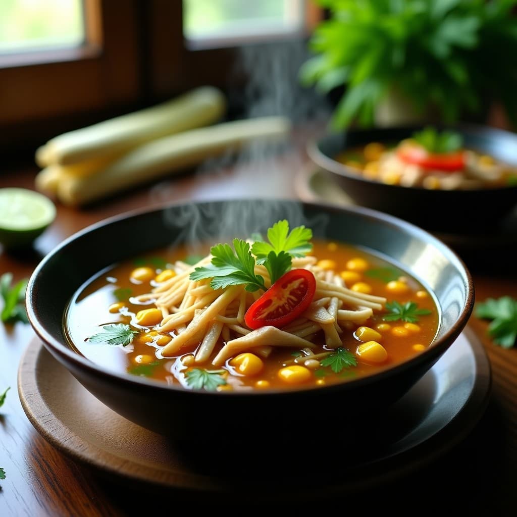 Sopa de Tomates Verdes y Maíz con Pollo Desmenuzado: Receta Tailandesa en Olla Exprés