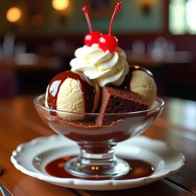 Sundae de Helado con Brownies Calientes, Salsa de Chocolate, Nata y Cerezas: Postre que Parece de restaurant de los 50