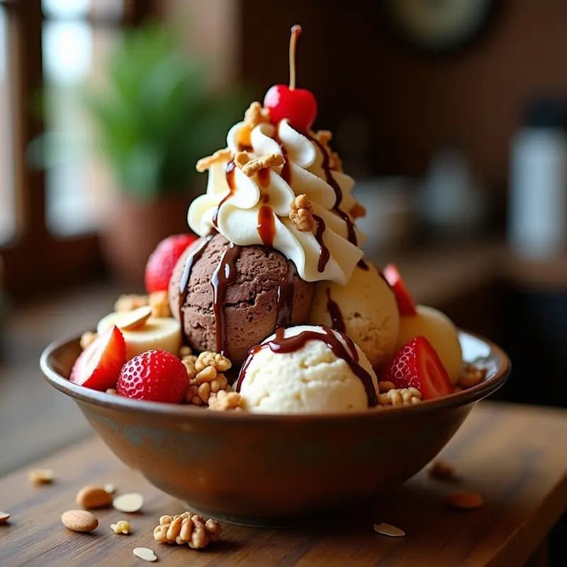 Sundae de Varios Helados con Toppings de Frutas, Nuts y Sirope: Postre para Compartir (o no)