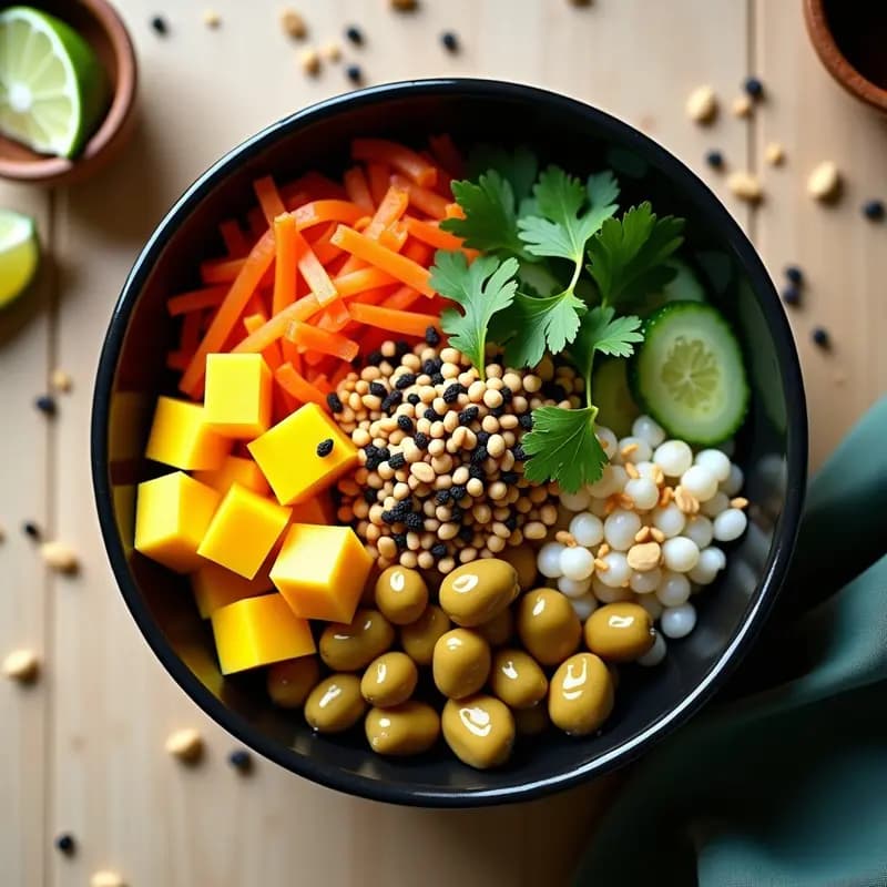 Sushi Bowl de Mango y Edamame: Receta Fusion Japonesa-Brasileña Sin Arroz y Sin Pescado