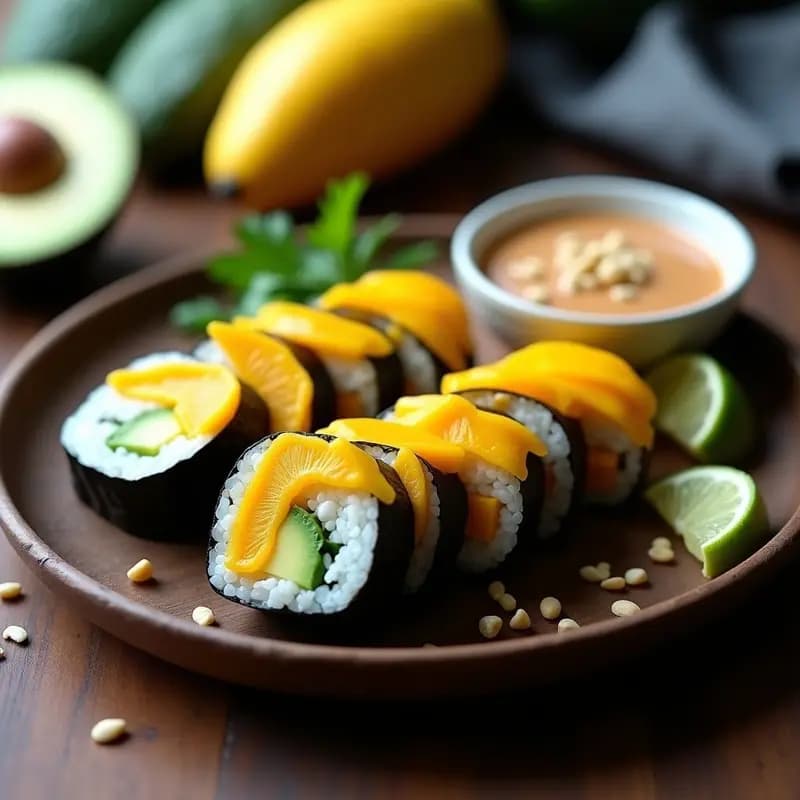 Sushi de Plátano Macho y Mango con Salsa de Cacahuete: Receta Fusion Tailando-Japonesa Sin Pescado