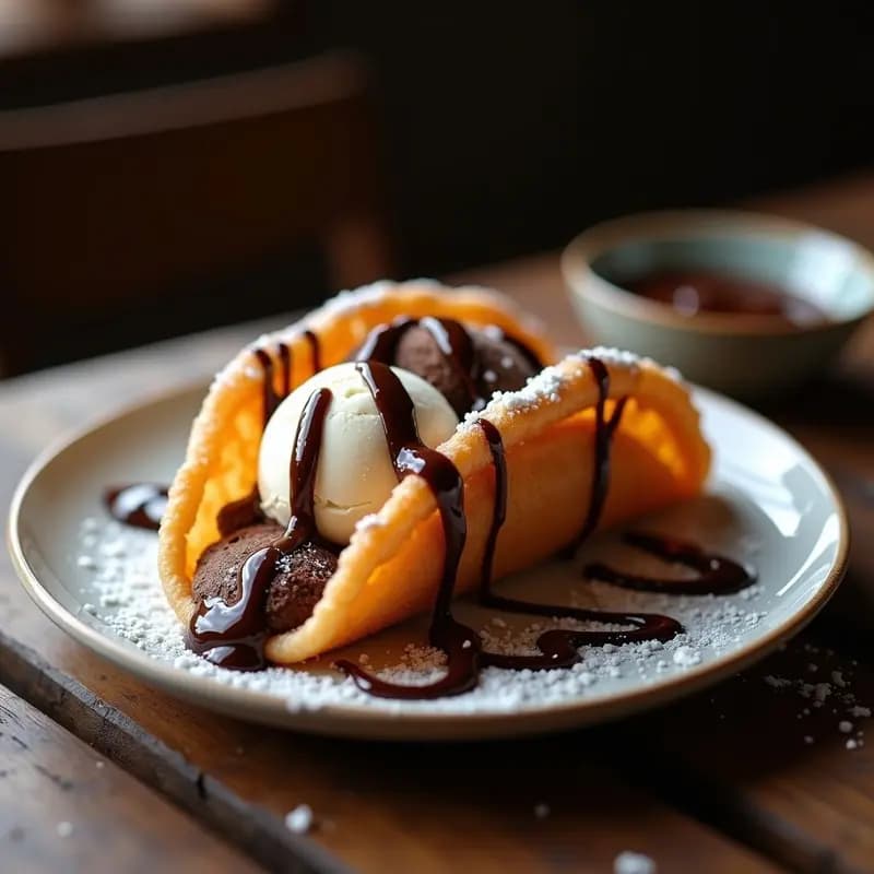 Taco de Churros con Helado de Vainilla y Salsa de Chocolate: Dulce y Crujiente en un Solo Bocado