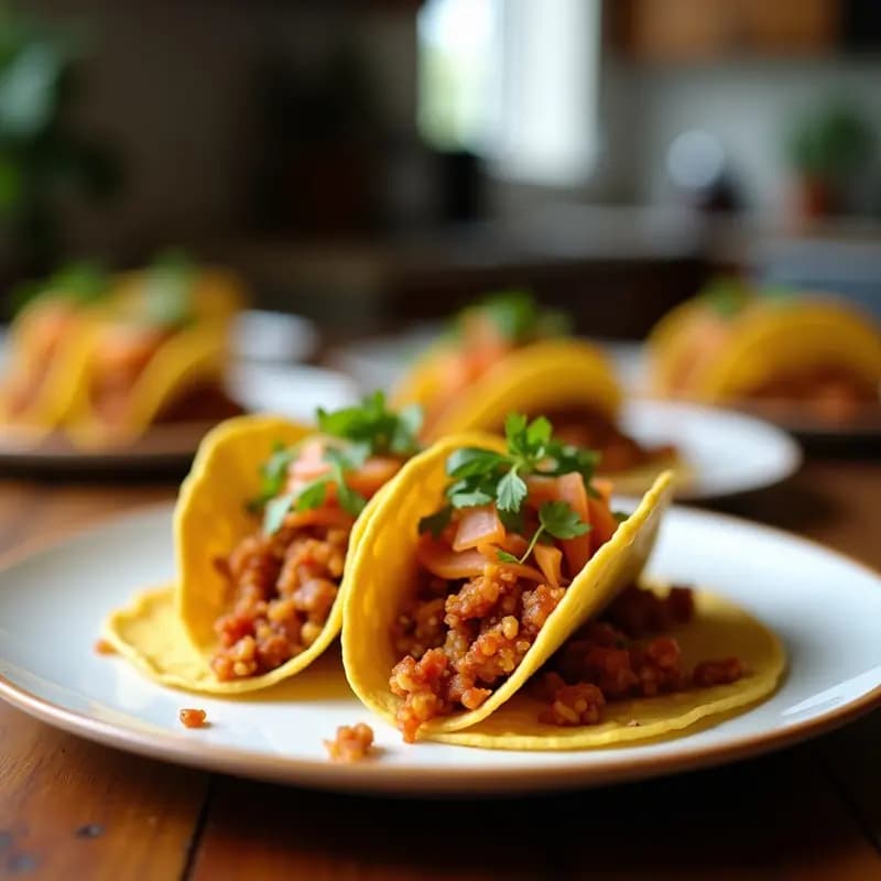 Tacos veganos de jackfruit pibil servidos en tortillas de maíz, con jackfruit desmenuzado marinado en achiote y naranja, acompañados de cebolla morada encurtida y cilantro fresco.