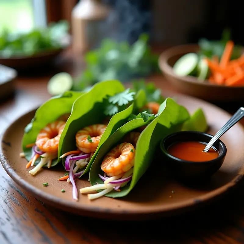 Tacos de Camarón en Hoja de Plátano: Receta Tailandesa al Vapor con Salsa Nam Prik Pao