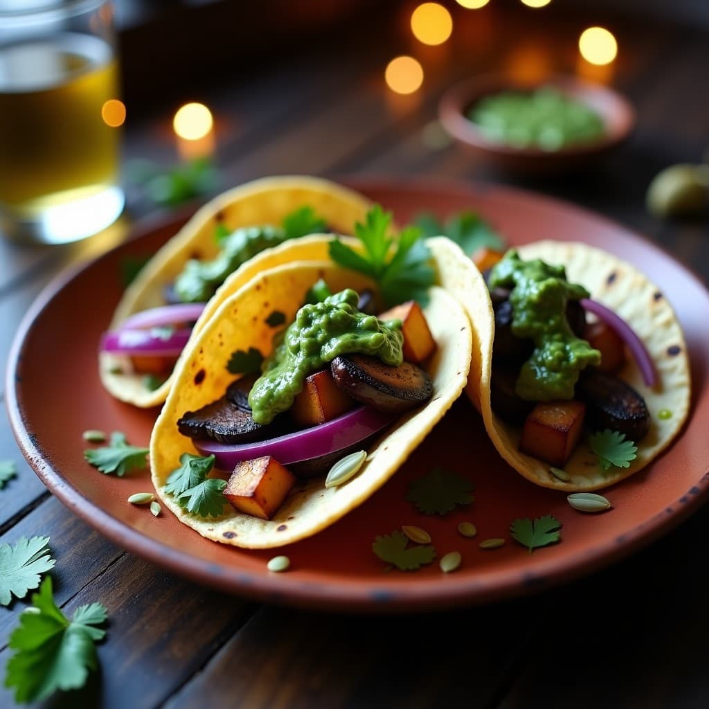 Tacos de Camote Morado con Carnitas de Hongos y Chimichurri: Receta Mexicana Vegana