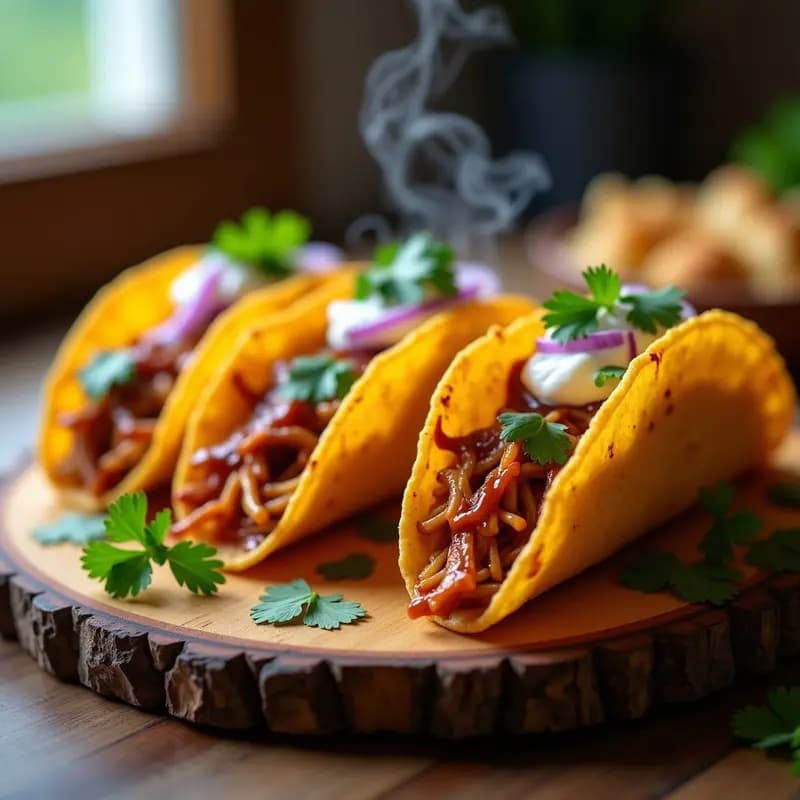 Tacos de Cáscara de Queso Cheddar con Relleno de Pull Apart de Pollo BBQ