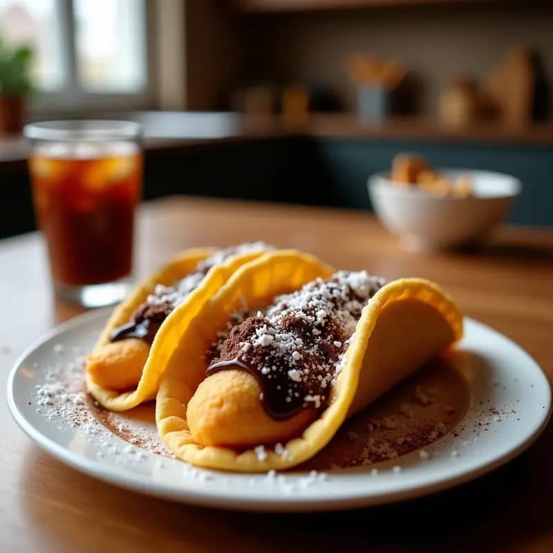 Tacos de Helado fritos con Relleno de Vainilla y Cobertura de Chocolate negro