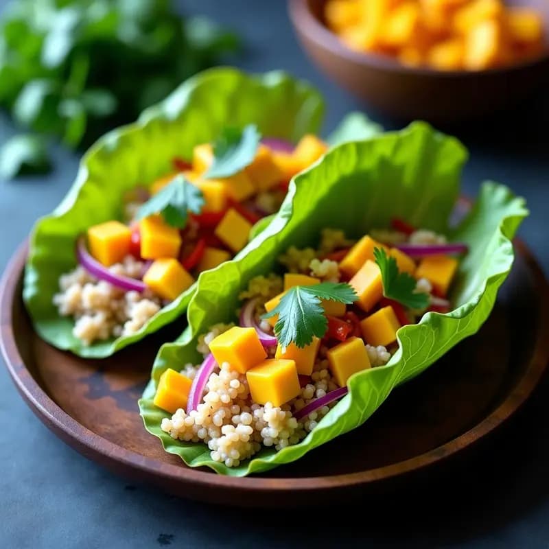 Tacos de Hoja de Lechuga con Relleno de Quinoa y Mango con Vinagreta de Tamarindo