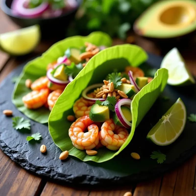 Tacos de Hojas de Mango con Ensalada de Langostinos y Vinagreta de Lima y Cilantro
