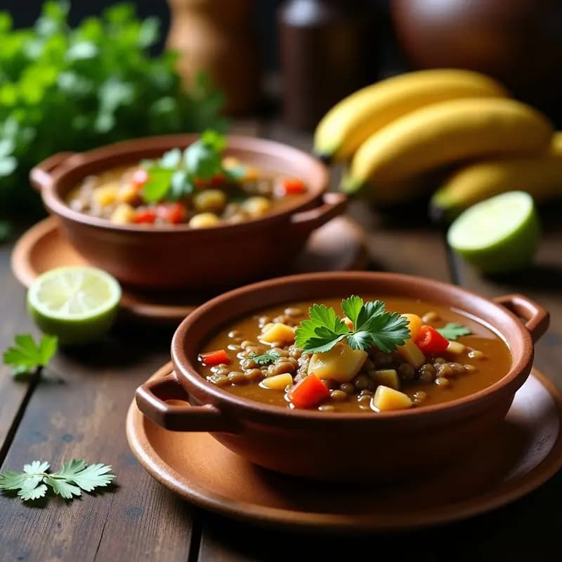 Olla de barro humeante con Tapado de Plátano Verde y Lentejas, sopa costarricense vegana y sin gluten, servida en cuencos de madera con cilantro fresco y rodajas de limón.