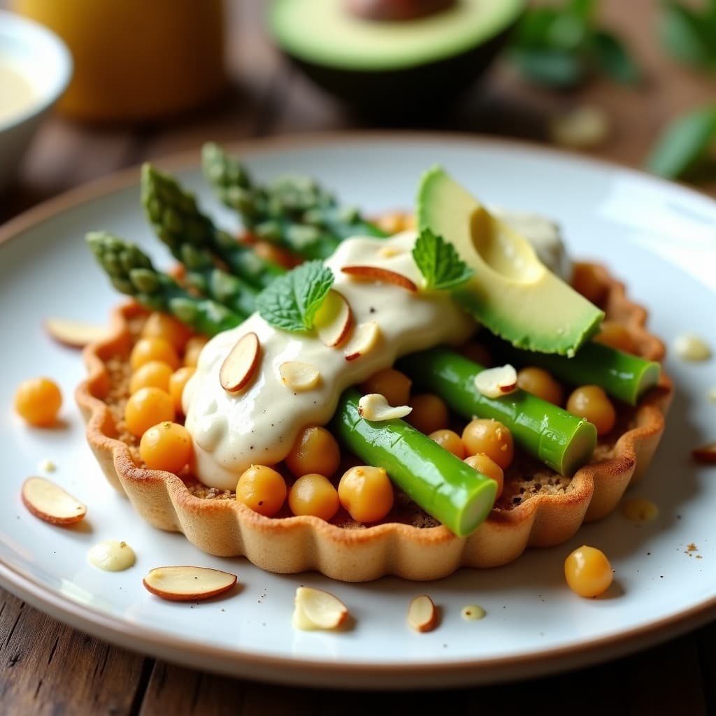 Tartaleta de Garbanzo y Espárragos con Crema de Tahini: Receta Vegana Sin Horno