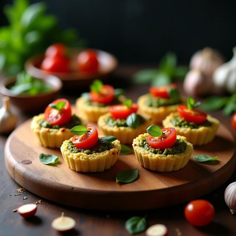 Tartaletas de Quinoa y Pesto de Rúcula con Tomates Confitados: Aperitivo Vegano y Sin Gluten